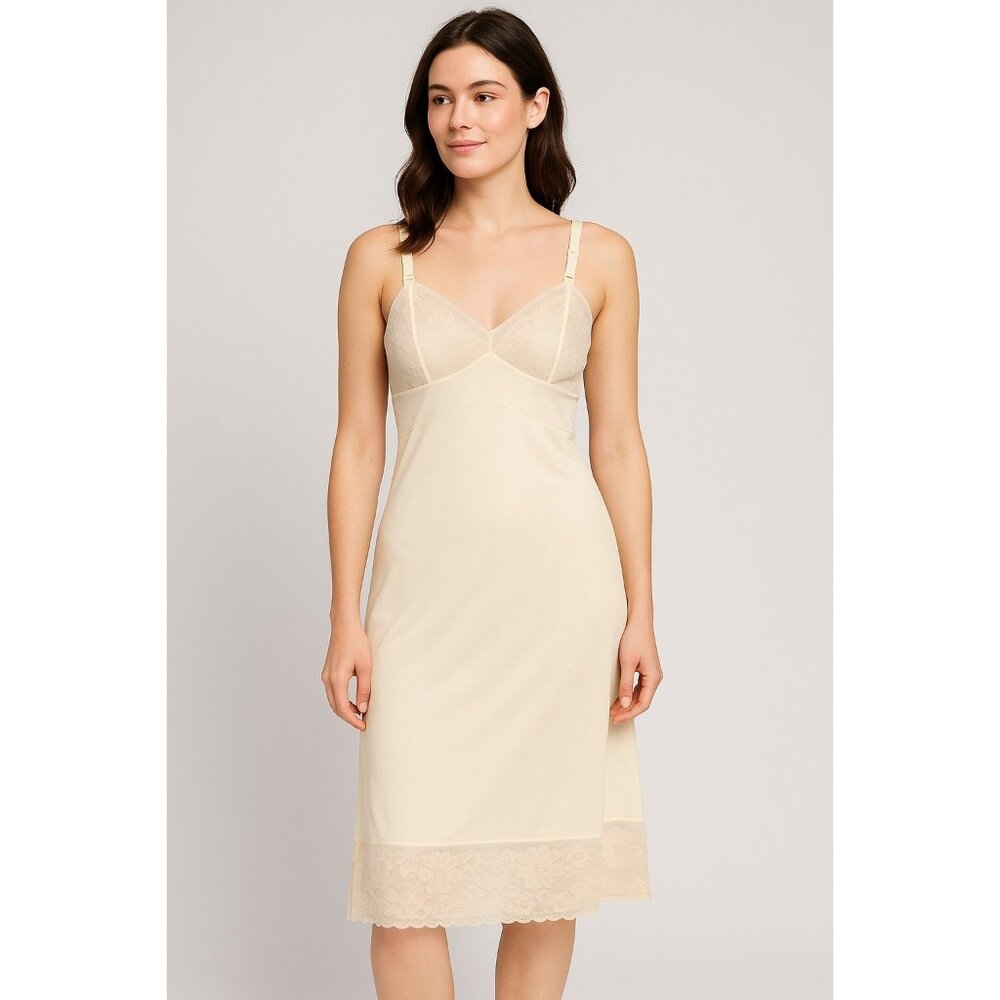Vassarette Vintage Ivory Lace Full Slip Nylon Satin Nightgown‎ Dress Size 32 M